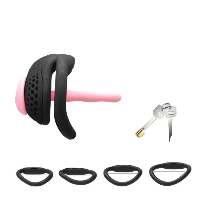 Male Chastity Cage Embedded Small Penis Lock with Soft Silicone Catheter and 4 Size Cock Rings Adult Abstinence Sex Toys