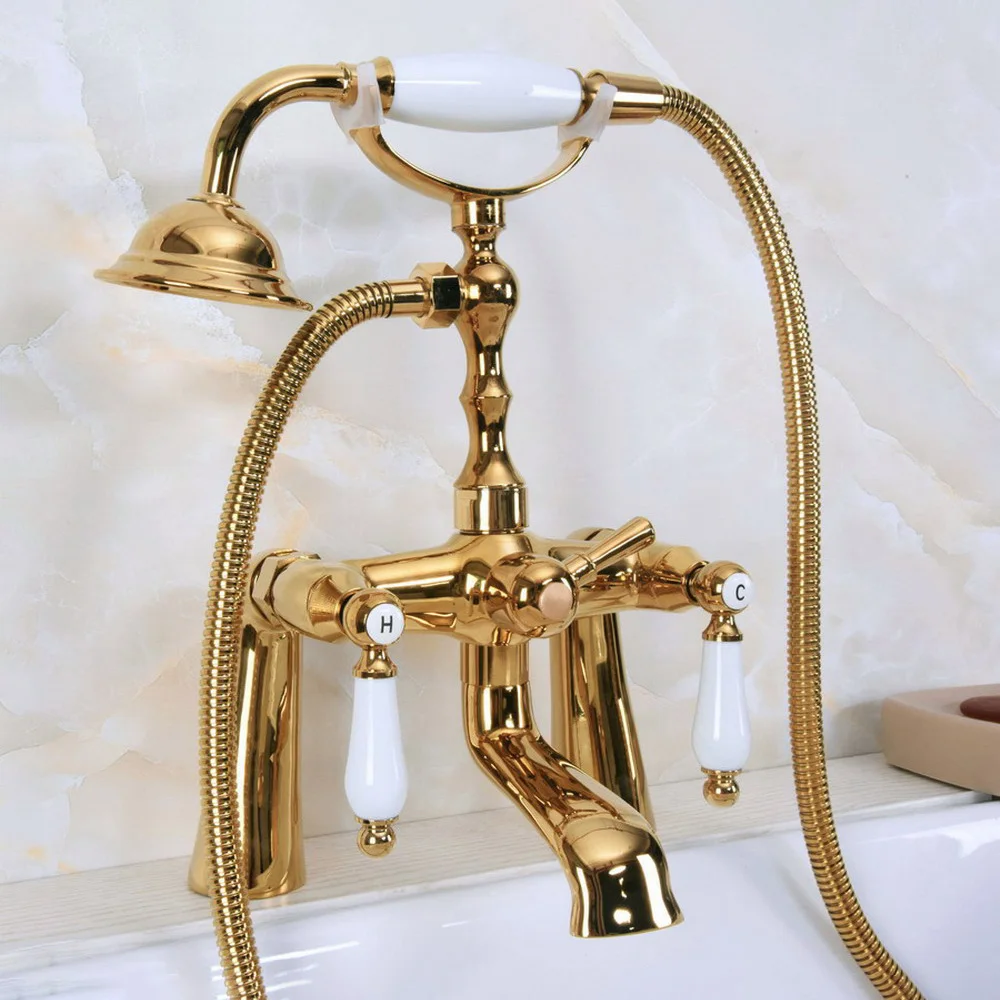 

Luxury Gold Color Brass Deck Mounted Bathroom Clawfoot Bathtub Mixer Tap With Hand Shower Head Bath & Shower Faucet Lna140