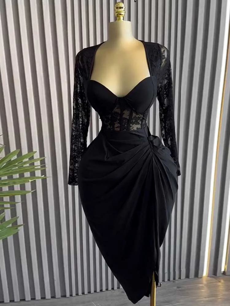 sachin and babi light blue dress Female Black Sexy Evening Dress V Neck Square Collar Lace Long Sleeves High  Waisted Dresses for Women Sping Classy Elegant Dress
