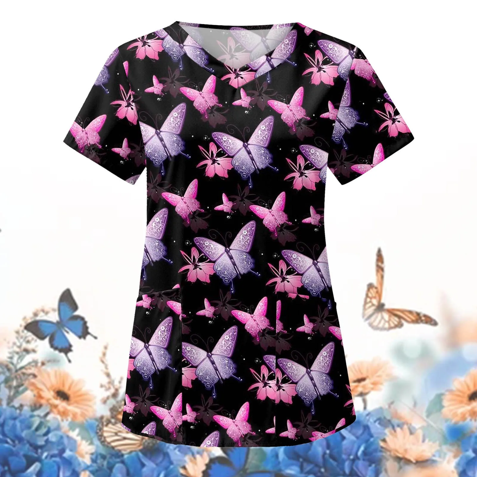 Nurse Uniform Women Short Sleeve Tops Working Uniform Blouse Butterfly Print Workwear Scrub Nursing Working Clothes
