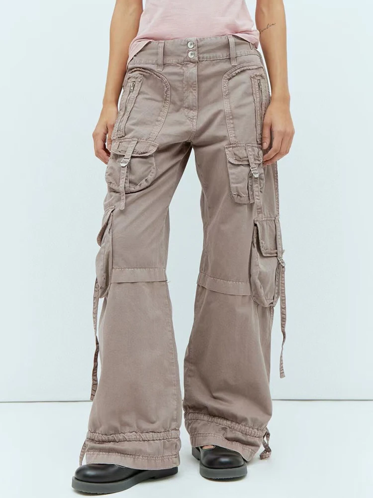 

Designer retro wash pocket high waist wide leg pants 2024 summer women's new fashion luxury leg lace-up straight leg pants