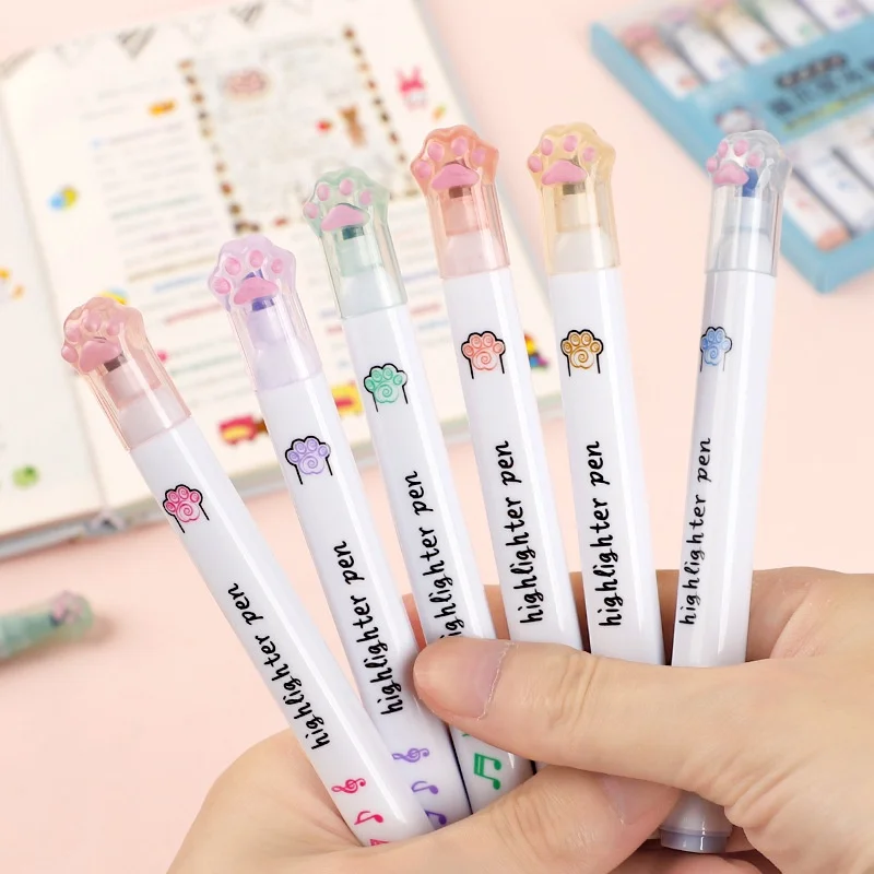 6 Pieces Set Kawaii Cat Paw Highlighter 6 Colors Slanted Tip Markers Liquid Ink for Student School Stationery Office Supplies highlighter marker,art marker,marker pen