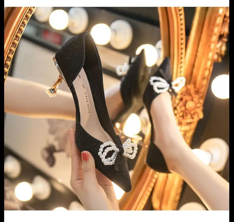 Ragazze francesi tacchi alti e sottili fiocco con nodo superficiale 2024 nuove scarpe da sposa solide da donna primaverili_voghion.com