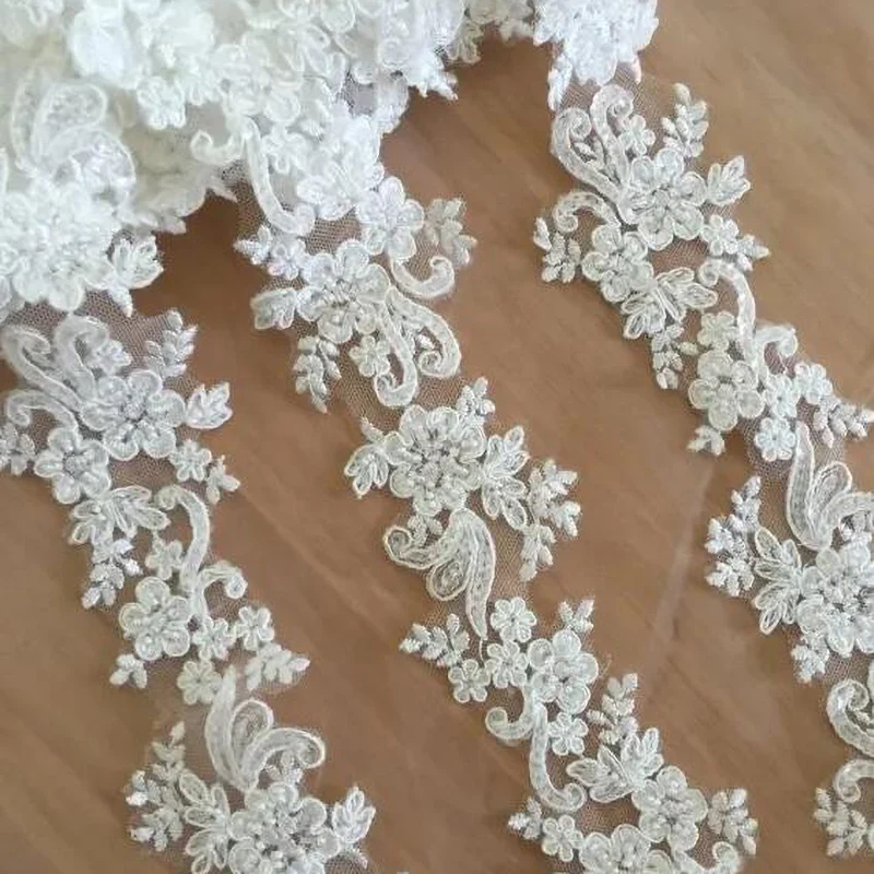1 Yard White Beads Lace Handmade Pearl Trim Fabric For Crafts Clothing Decoration 6CM Wide
