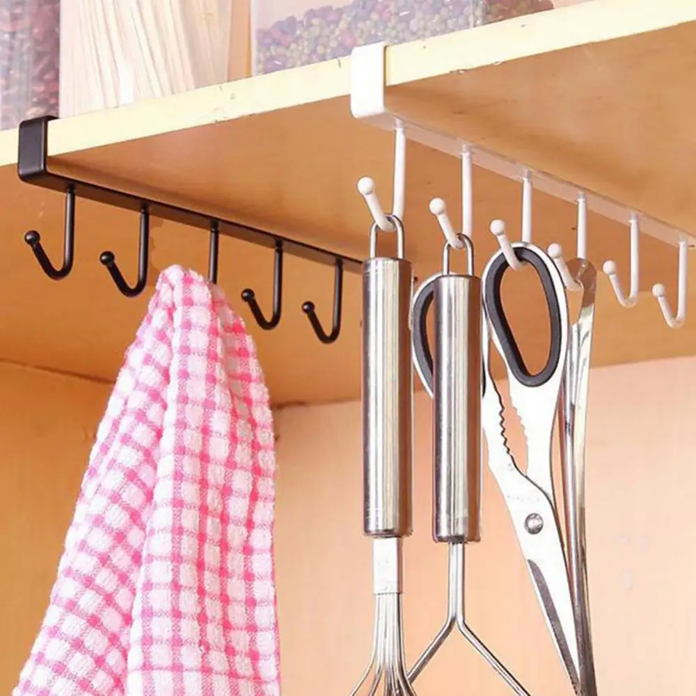 Kitchen Cutlery Cup Storage Rack With 6 Hooks Wall Mount Cupboard Hanging Hook Clothes Hanger Rangement Cuisine Cup Storage Rack