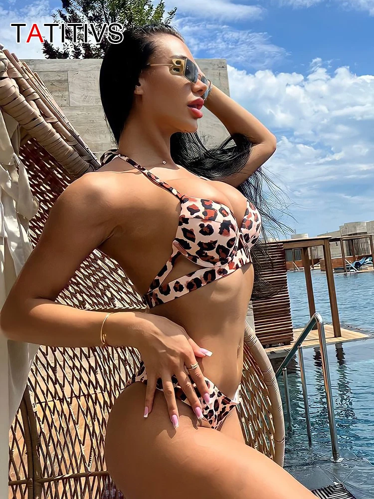 

TATITIVS Leapard Print Halter Bikini Sets Women Push Up Swimsuit Sexy Low Waist Bandage Swimwear Brazilian Beach Bathing Suits
