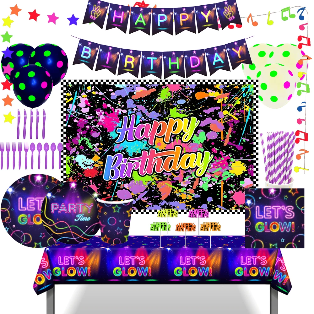 

Neon Glow in The Dark Disco Music Birthday Party Disposable Tableware Sets Tablecloths Balloons Baby Shower Party Decorations