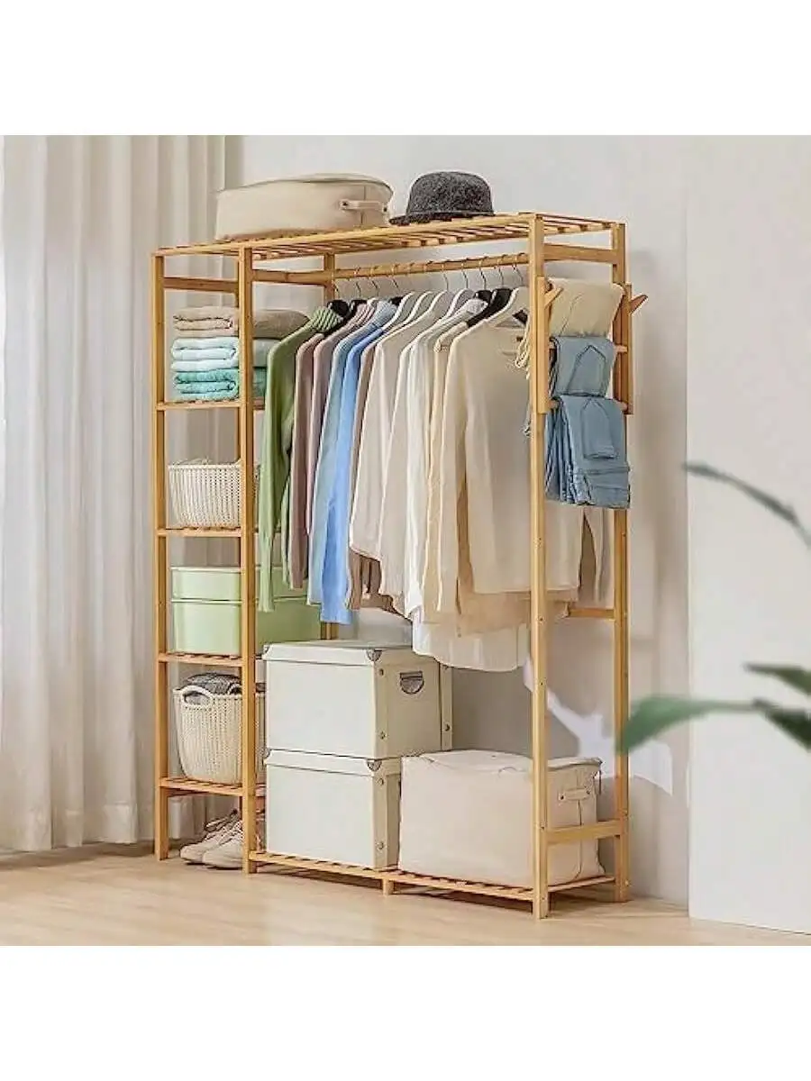 Magshion Bamboo Clothing Garment Rack Freestanding Clothes Coat Hanger Closet Organizer with Shelf for Shoe or Storage B 2