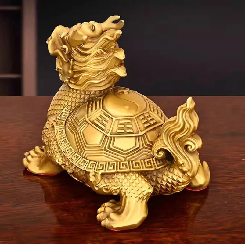 Pure Copper Dragon Turtle Statue Feng Shui Wealth Tortoise Sculpture with Bagua ，Chinese Mythical Bazha Xia Divine Beast