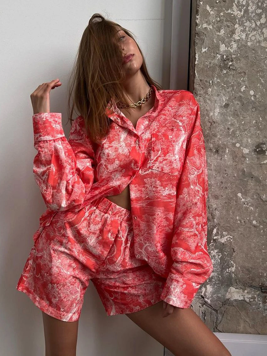 Marthaqiqi Casual Printing Women Nightwear Suit Sexy Turn-Down Collar Sleepwear Long Sleeve Nightgowns Shorts Fashion Pajama Set