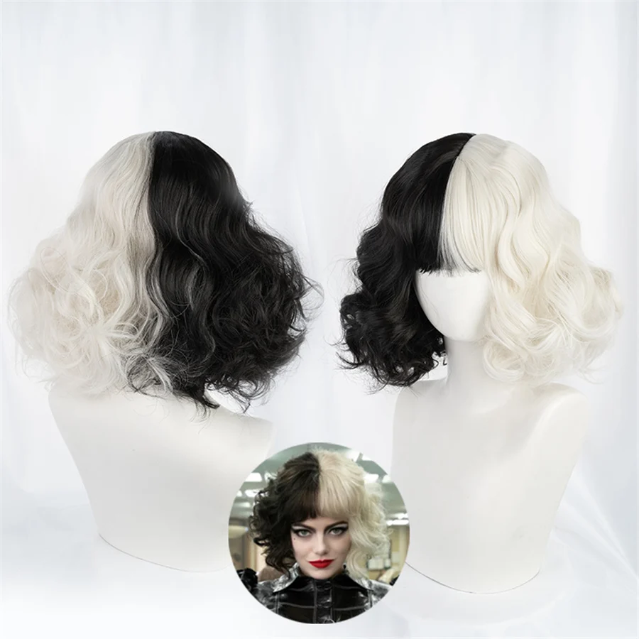 CRUELLA Deville De Vil Black White With Bangs Short Bob Heat Resistant Hair Wig Cosplay Halloween Costume Party Wig + Wig Cap