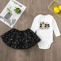 2 Piece Hello 2025 Print Baby Girls Romper Dress Set Happy New Year Girl Long Sleeve Bodysuit Tutu Skirt Infant Dresses Outfit 5
