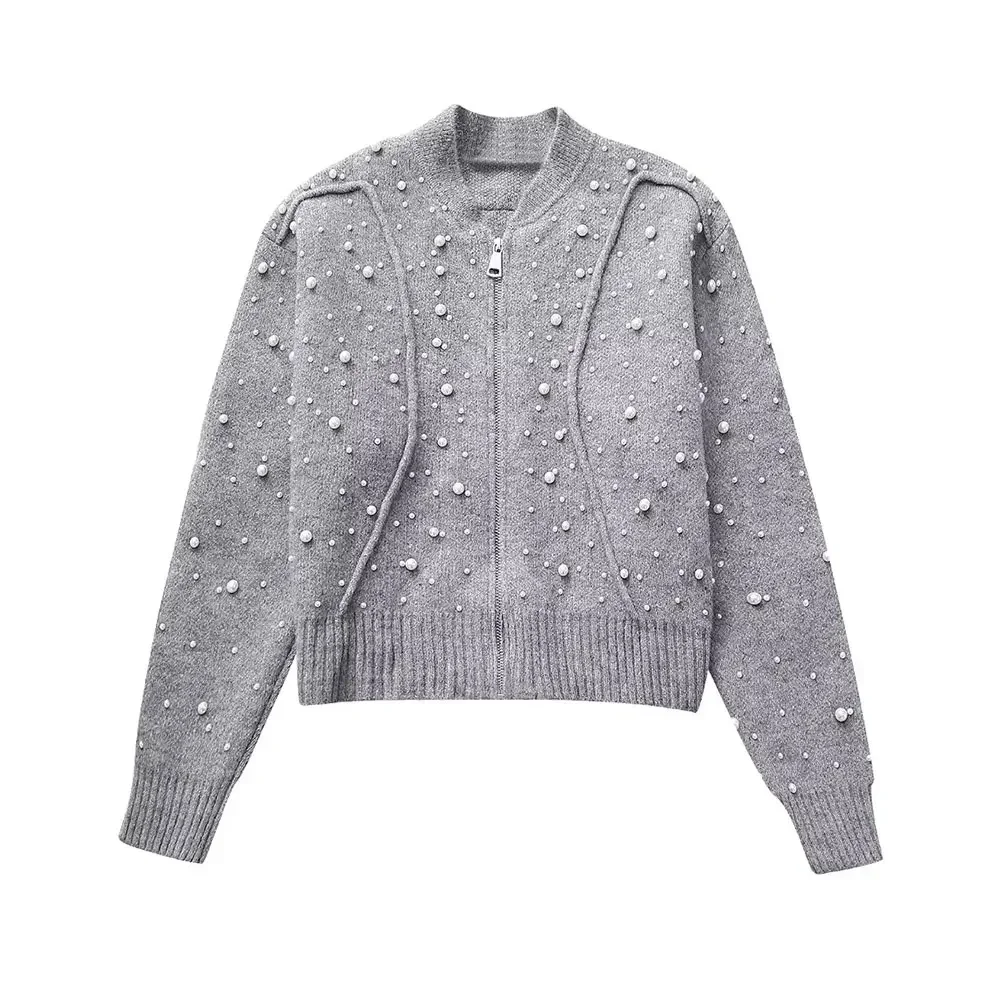 

TRAF Women Fashion With Faux Pearls Knit Bomber Cardigan Sweater Vintage Long Sleeve Front Zipper Female Outerwear Chic Tops