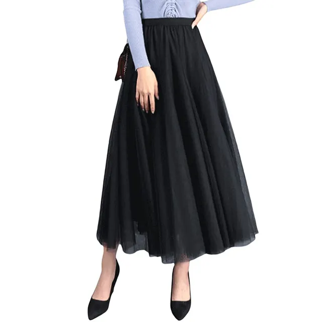 Solid Mesh Pleated High Waist Skirt: Long Tulle, Wedding Party