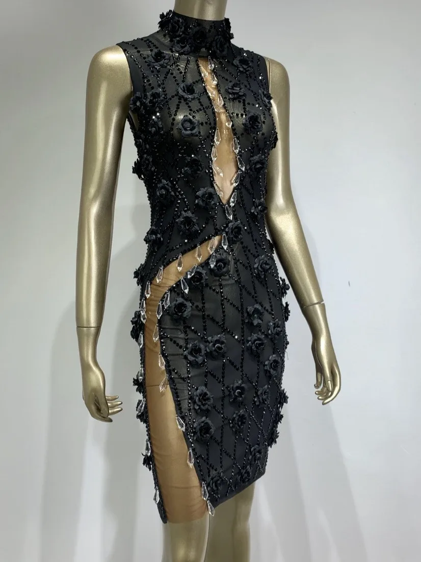 

Women Flower Black Sexy Mesh See-Through Stretch Dress Evening Party Performance Costume Nightclub Singer Stage Show Wear ﻿