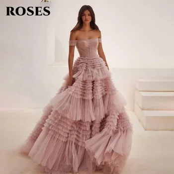 ROSES Pink Tulle Elegant Pleat Party Dresses Off the Shoulder Celebrity Dress Tiered Layers Special Occasion Dresses Customized 1