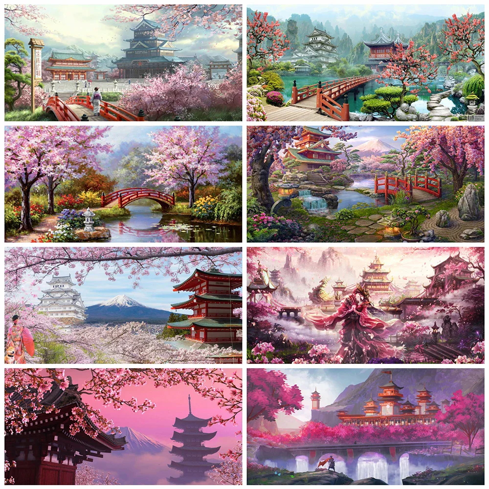 EverShine 5D Diamond Painting Cherry Blossom Cross Stitch Diamond Mosaic Japanese Needlework Embroidery Landscape House Wall Art