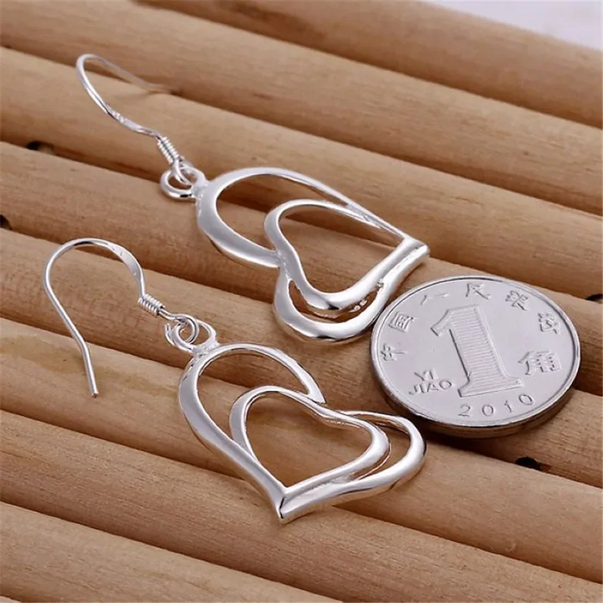 Silver Jewelry Set Charm Double Heart 925 Sterling Silver Earrings Necklace Jewelry Sets for Women Fashion Party Wedding Pretty Gifts