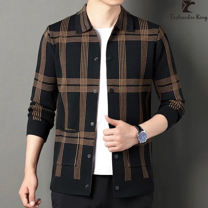 

Fashion Men's Knitted Cardigan Sweater Male Lapel Plaid Brand Knit Jacket Long Sleeve Knitwears