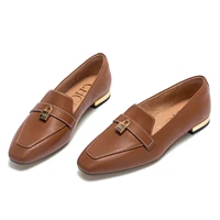 Women's Leather Loafers with Gold Lock Detail Square Toe Low Heel Penny Casual Office Slip-On Dress Shoes for Woman - Image 2