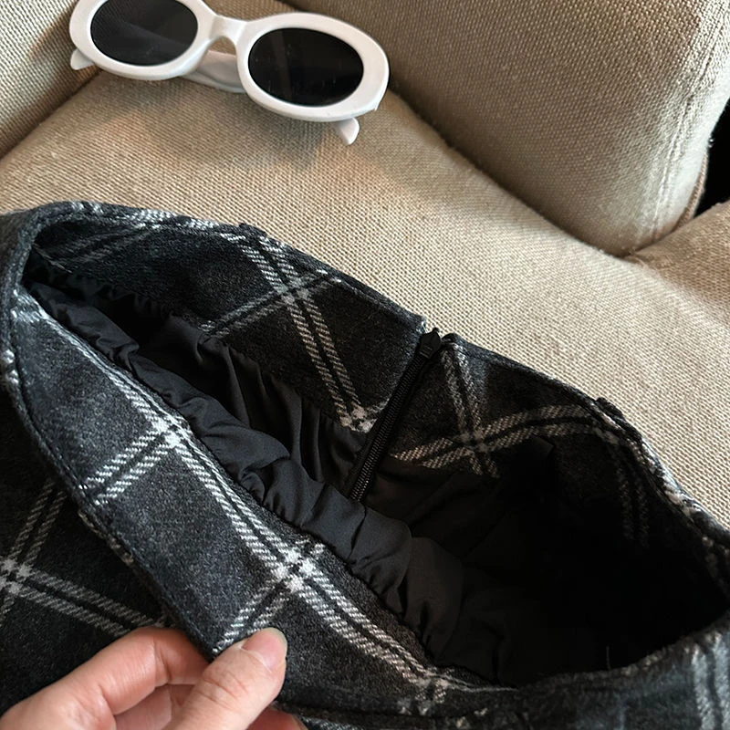 Lace Patchwork Plaid Mini Skirts Women Fall Winter High Waist No Belt Faux Wool Skirts Y2K Fashion Preppy All Match A Line Skirt