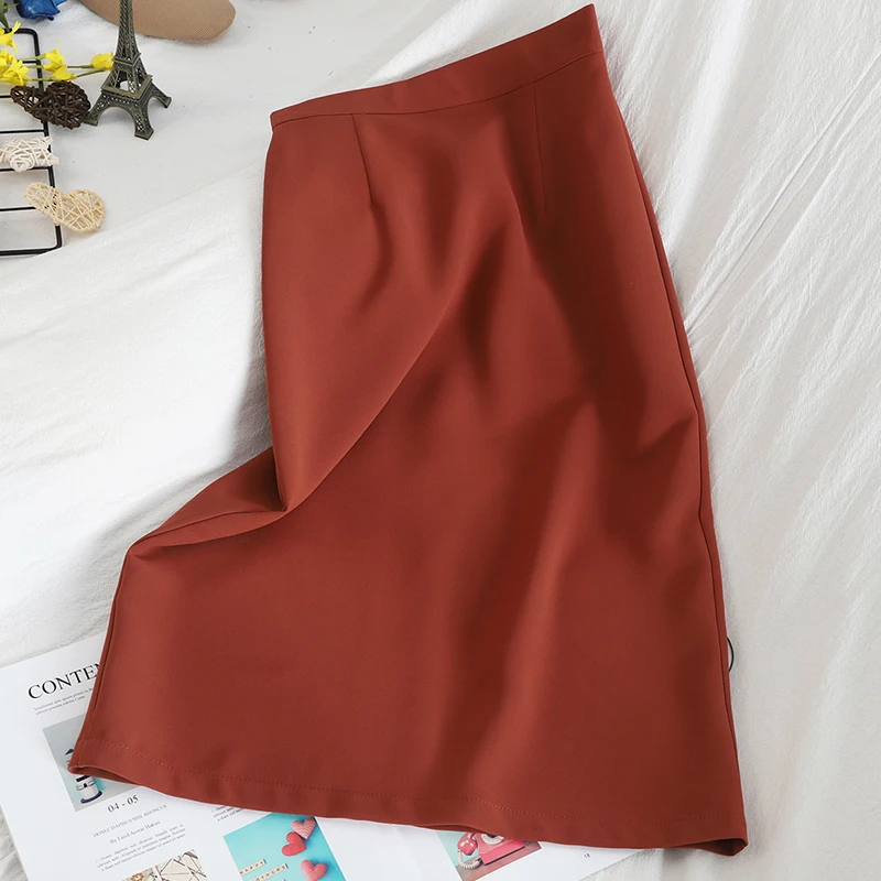 

Elegant Split OL Skirt Highstreet Skirts For Women High Waist Solid Straight Midi Skirts Female Vintage A-Line Skirt