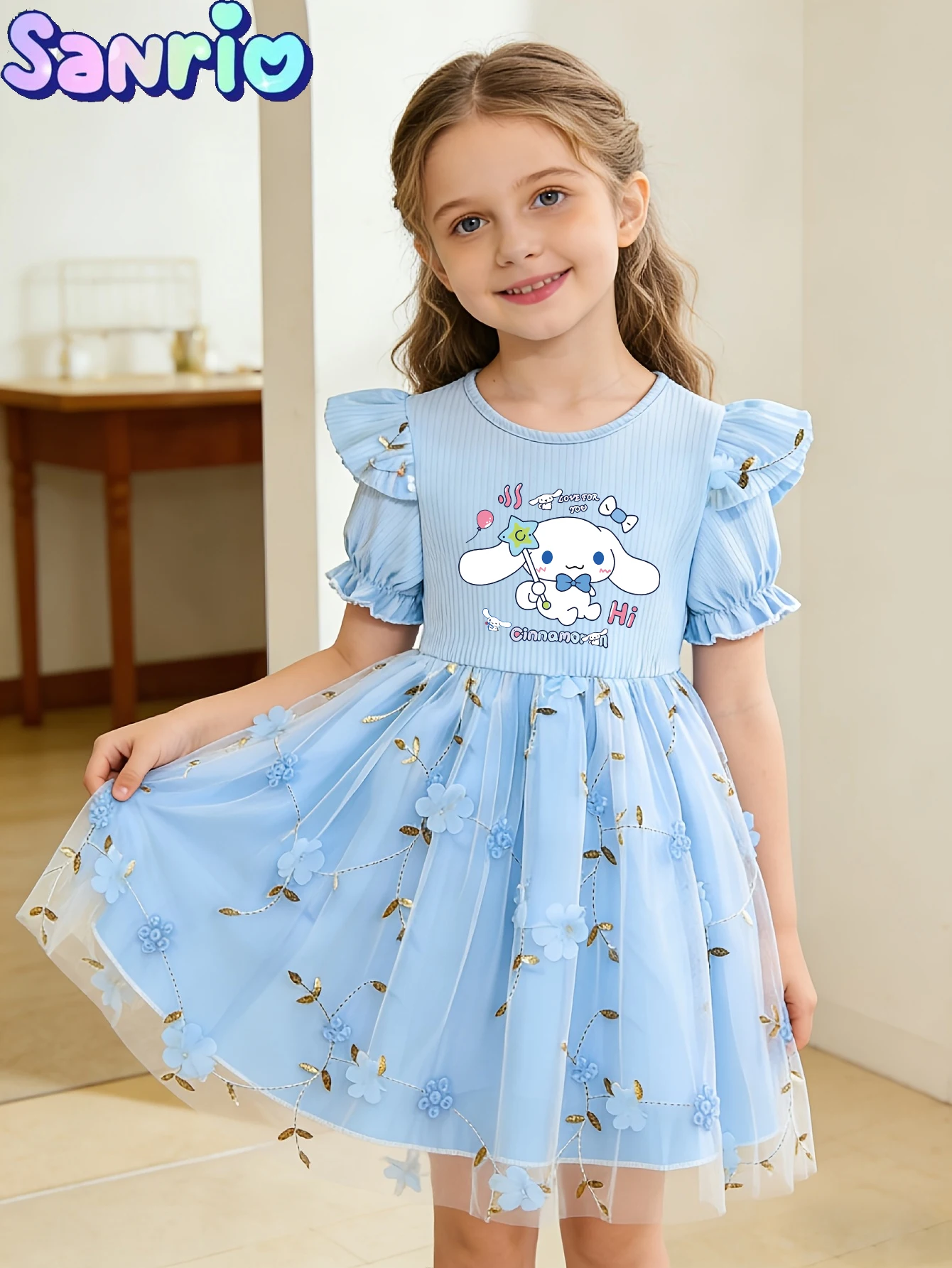 Cinnamoroll Prinzessinnen-Kinderoutfit, Europäischer Stil Mädchen Tüll-Ballkleid, Blaues 3D-Blumen Mehrlagiges Mesh-Tutu-Kleid für Geburtstagsfeiern
