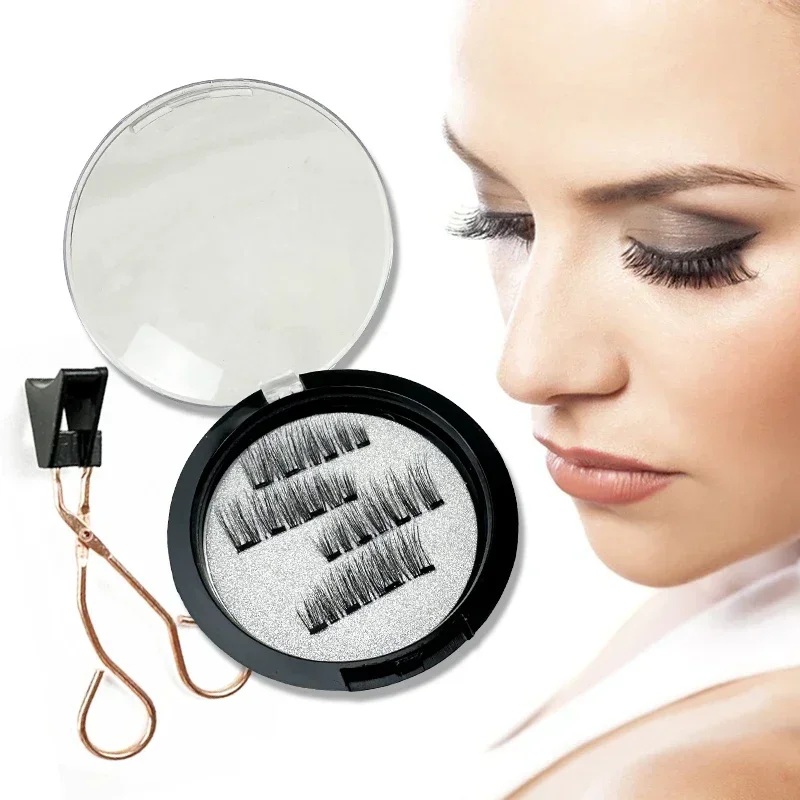 Reusable Magnetic False Eyelashes with Eyelash Curler 4 PCS 3D 4 Magnets Mink Fake Lashes Self Adhesive Eye Makeup Tools