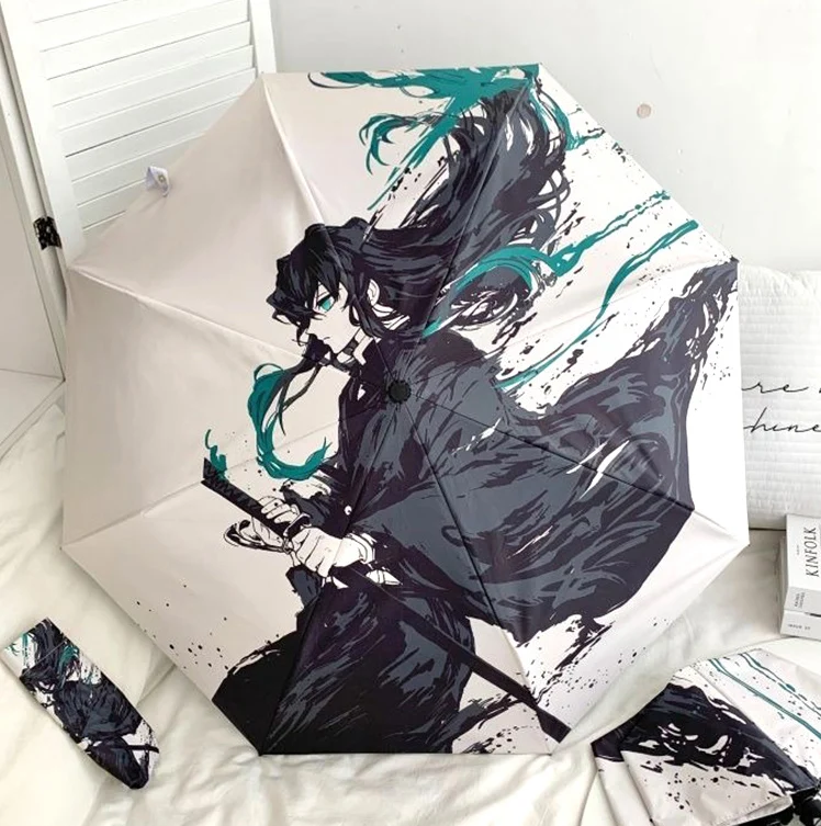 White,Kimetsu no Yaiba,Demon Slayer,Anime,Windproof Anti-UV,Automatic Rain Compact Umbrella for Woman Man
