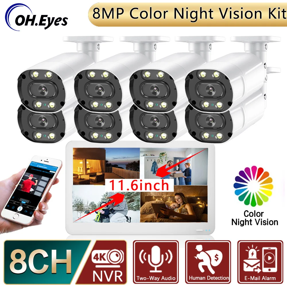 

8MP POE NVR CCTV Security 4K HD IP Camera Video Surveillance Kits Colorful Night Vision LCD Screen AI Human Detection NVR System