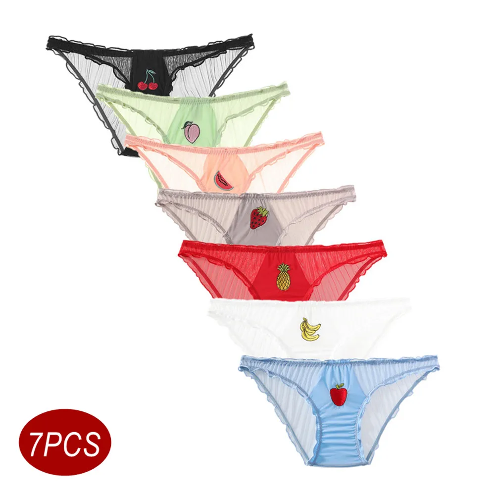 7-piece Mixed Embroidered Fruit Pattern Transparent Women's Mesh Underwear Wrinkled Ruffles Female Panties Plus Size