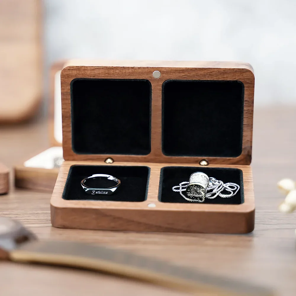 Free Custom Walnut Wooden Ring Necklace Box Personalized For Wedding Anniversary Gift Necklace Earring Ring Storage Jewelry Box