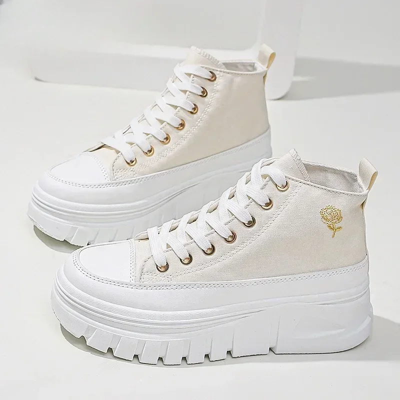 Women's Casual Height Increased Shoes Solid Color Versatile Canvas Shoes High Top Lace Up Flats Comfortable Breathable Female 6