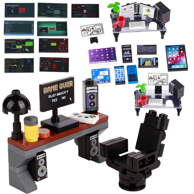 

MOC Computer Desk Printed Tile Building Blocks City House Furniture Office Laptop Keyboards Phone Screen DIY Bricks Friends Toys