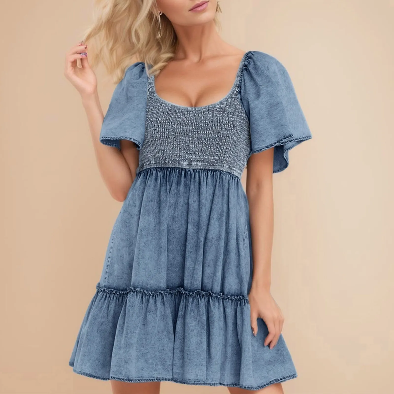 

Ruffle Denim A-line Dress Women's Casual Scoop Neck Short Flared Sleeve Elastic Ruched Chest High Waist Dresses Commute Vestido