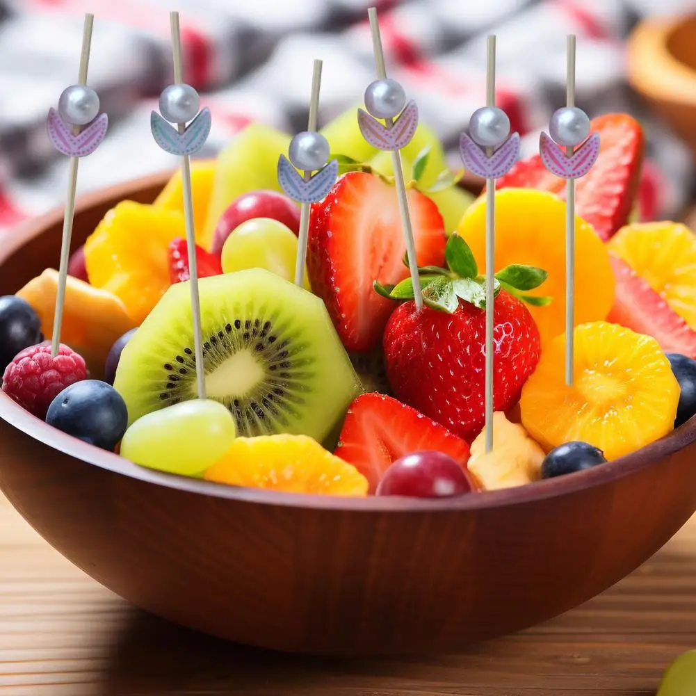 

Cocktail Drink Picks Elegant Faux Pearl Flower Fruit Pick Bamboo Toothpick Set for Buffet Dessert Decoration 100 Pieces Kitchen