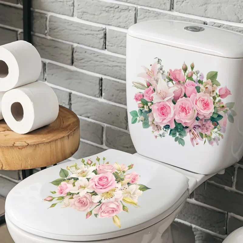 Natural Plants Pink Flower Leaf Toilet Stickers 2pcs for Home Bathroom Waterproof Self Adhesive Wall Background Stickers