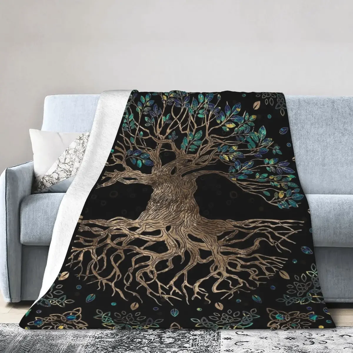 

Flannel Throw Blanket Tree Of Life -Yggdrasil Golden And Marble Blankets Bedding Warm Plush Blanket for Picnic Travel Home Sofa