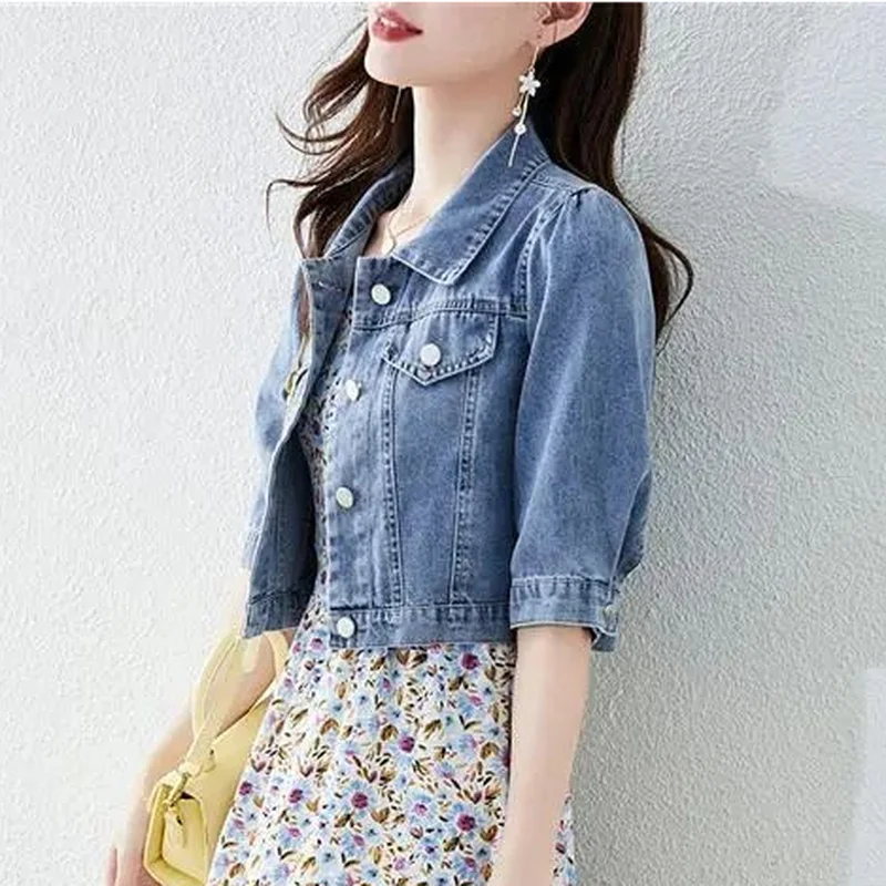 Vintage Crops Trendy Turn Down Collar Jackets Women Basic Solid Outwear Half Sleeve Denim Fit Harajuku Street Denim Jacket Women