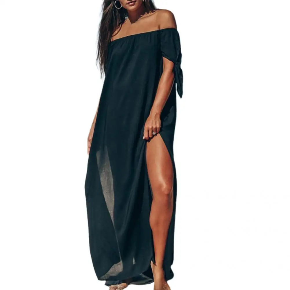 Swimsuit Dress Boat Neck Cool Soft Short Sleeve Cover-Up Dress Beachwear For Beach