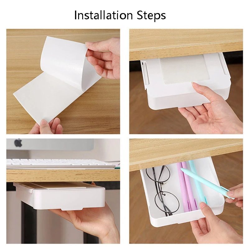 Storage Tray Self Stick Pencil Tray Under Desk Organizer for Office Home