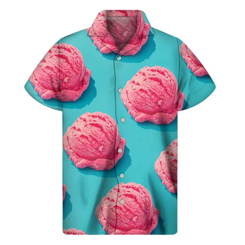 Cartoon Ice Cream 3D Print Hawaiian Shirt Men Summer Street Lapel Shirts Women Short Sleeve Tops Tees Oversized Button Blouse 3
