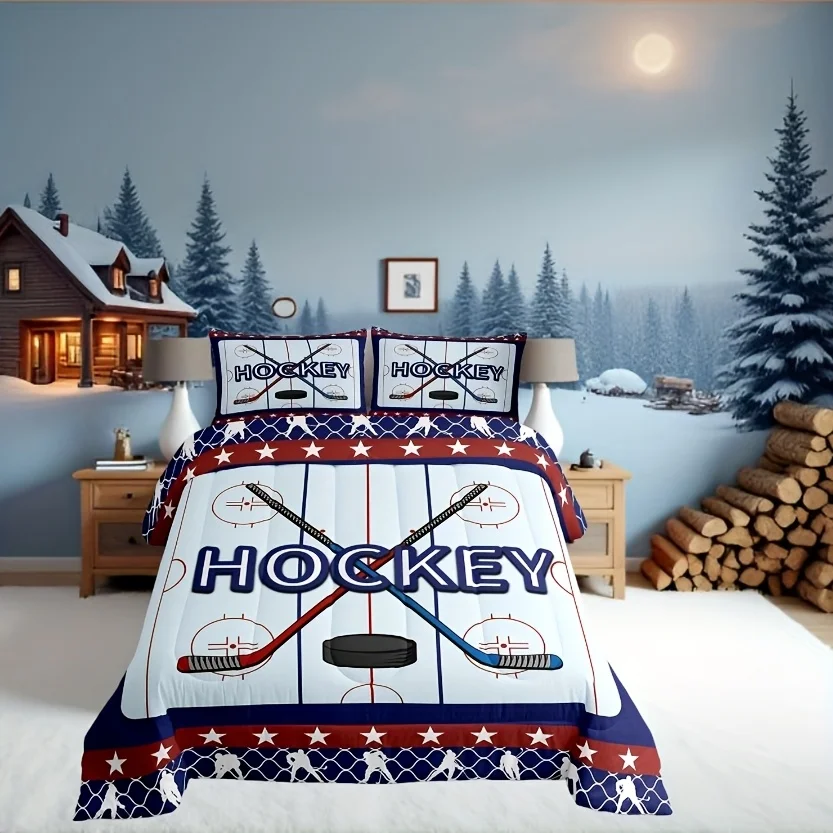 2/3Pcs Ice Hockey Player Comforter Set, Hockey Pucks Field Quilted Bedding with Pillowcases, Twin Full Queen Size for Christmas
