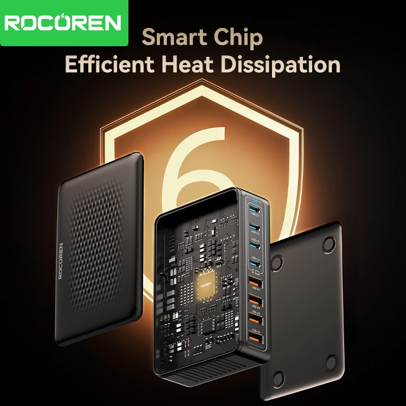 מטען Rocoren 200W GaN 8 ב-1 לטעינה מהירה למחשב שולחני עבור אייפון 17 פרו, שיאומי, סמסונג, מטען USB Type C, תחנת כוח ניידת