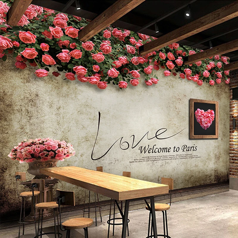 Custom 3D Photo Wallpaper Romantic Rose Flower Vine Backdrop Mural Retro Cafe Restaurant Living Room TV Background Wall Paper 3D