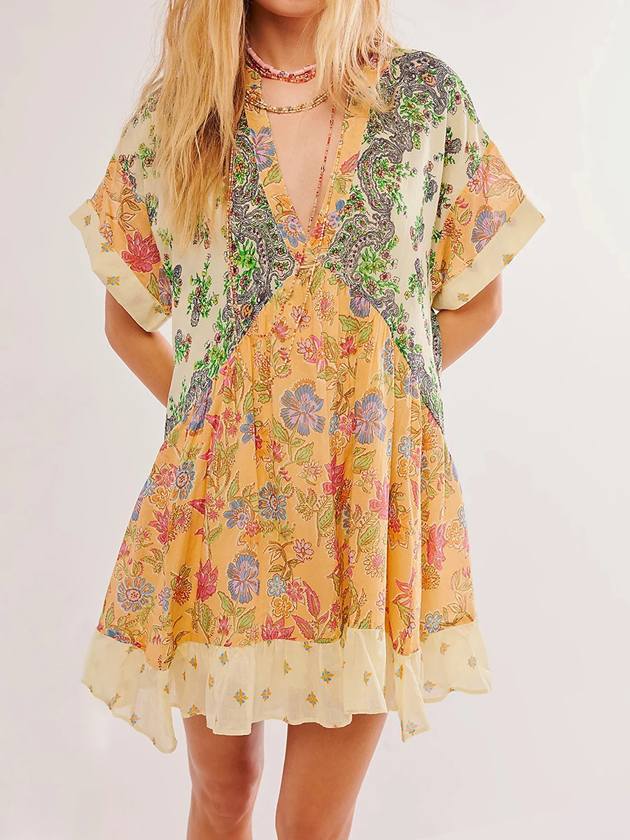 Floral V Neck Balloon Sleeve Babydoll Dress main image 0