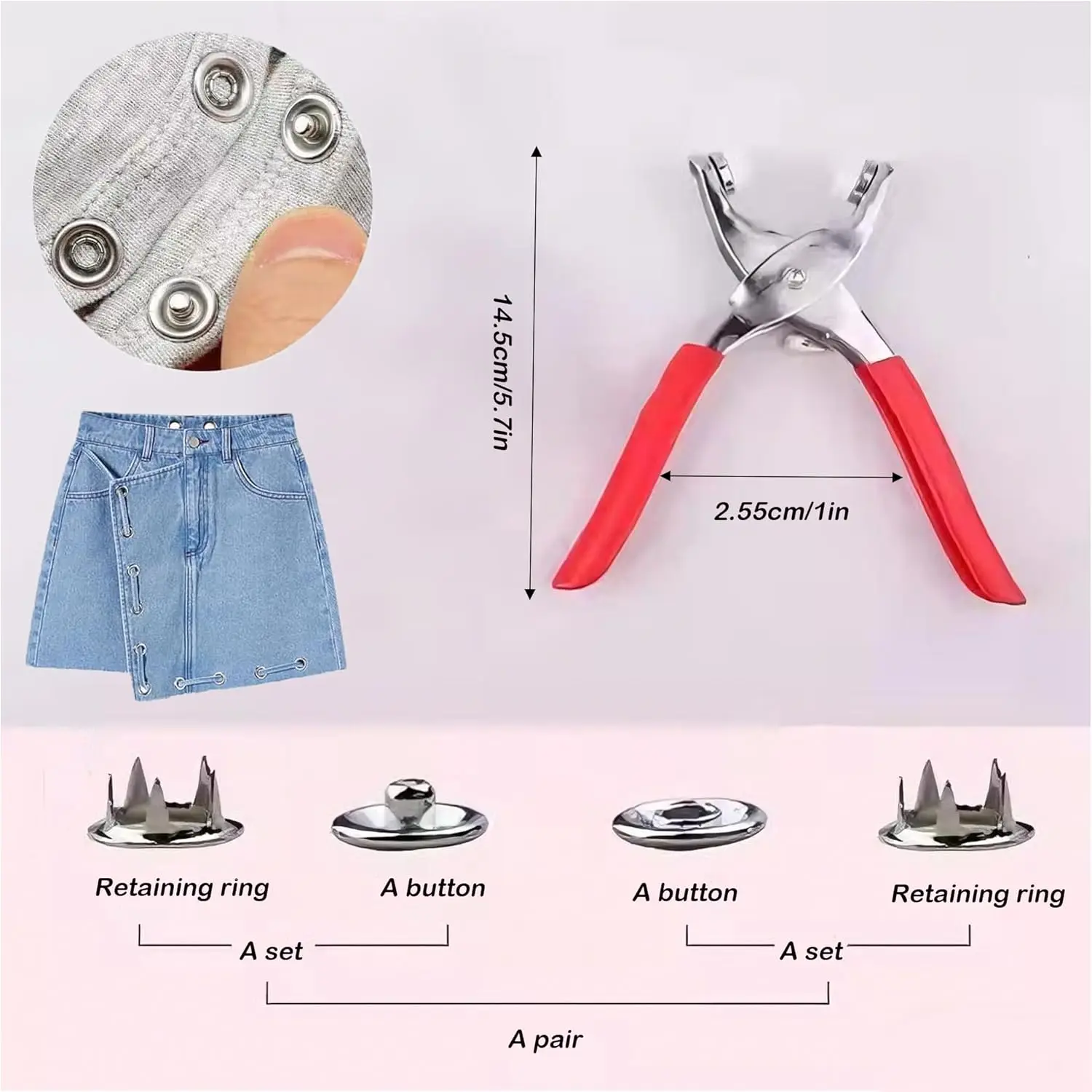 100세트 스냅 패스너 키트(펜치 포함) 9.5mm 스냅 패스너 키트, 옷, 모자, 바느질용 5구 버클 세트(컬러풀)
