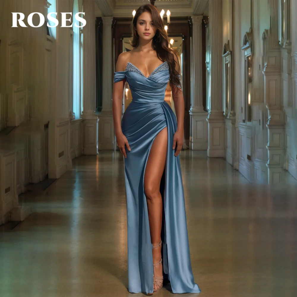 Amazing Column Satin V-Neck Sleeveless Blue Prom Dresses With Ruffles Split Front