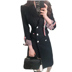 New Elegant Formal Trench Coat Women Striped Autumn Winter Double-breasted Long Sleeve OL Business Blazer Dress Windbreaker
