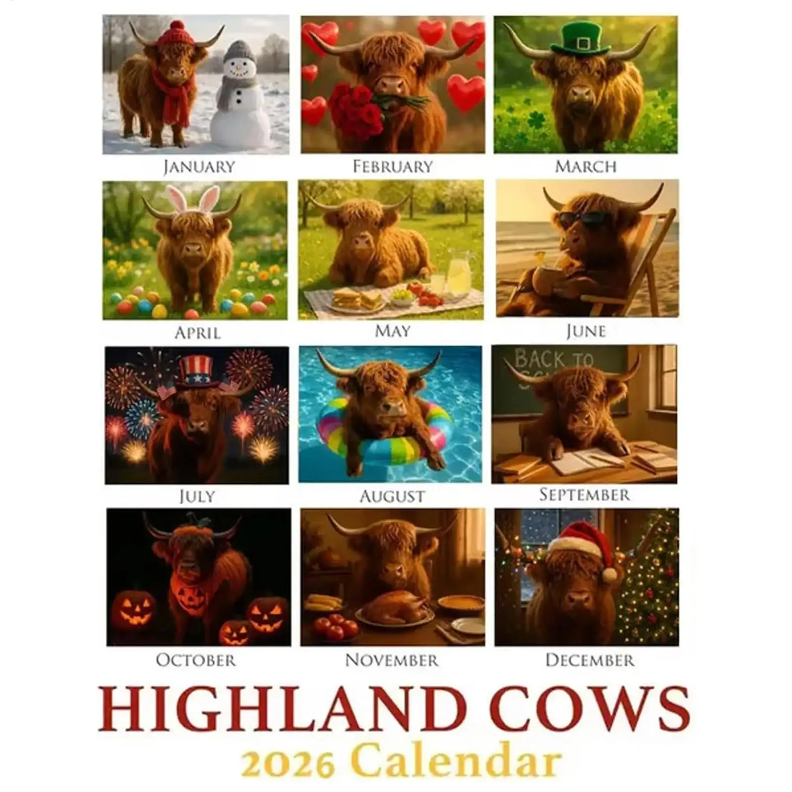 2026 Wall Calendar Highland Cow Calendar 2026 wall Decorations Jan-Dec Thick Paper Monthly Planner Highland Cattle Wall Calendar